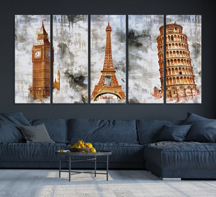 Framed Set of Big Ben Eiffel Tower and Tower of Pisa Canvas Wall Art Giclee Print