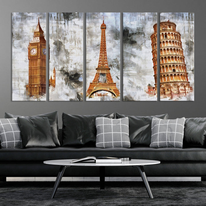 Framed Set of Big Ben Eiffel Tower and Tower of Pisa Canvas Wall Art Giclee Print