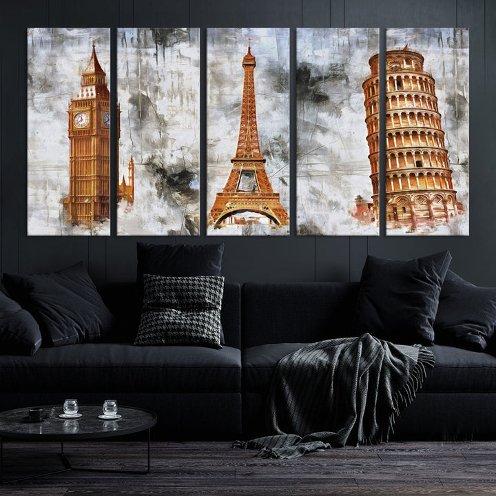 Framed Set of Big Ben Eiffel Tower and Tower of Pisa Canvas Wall Art Giclee Print