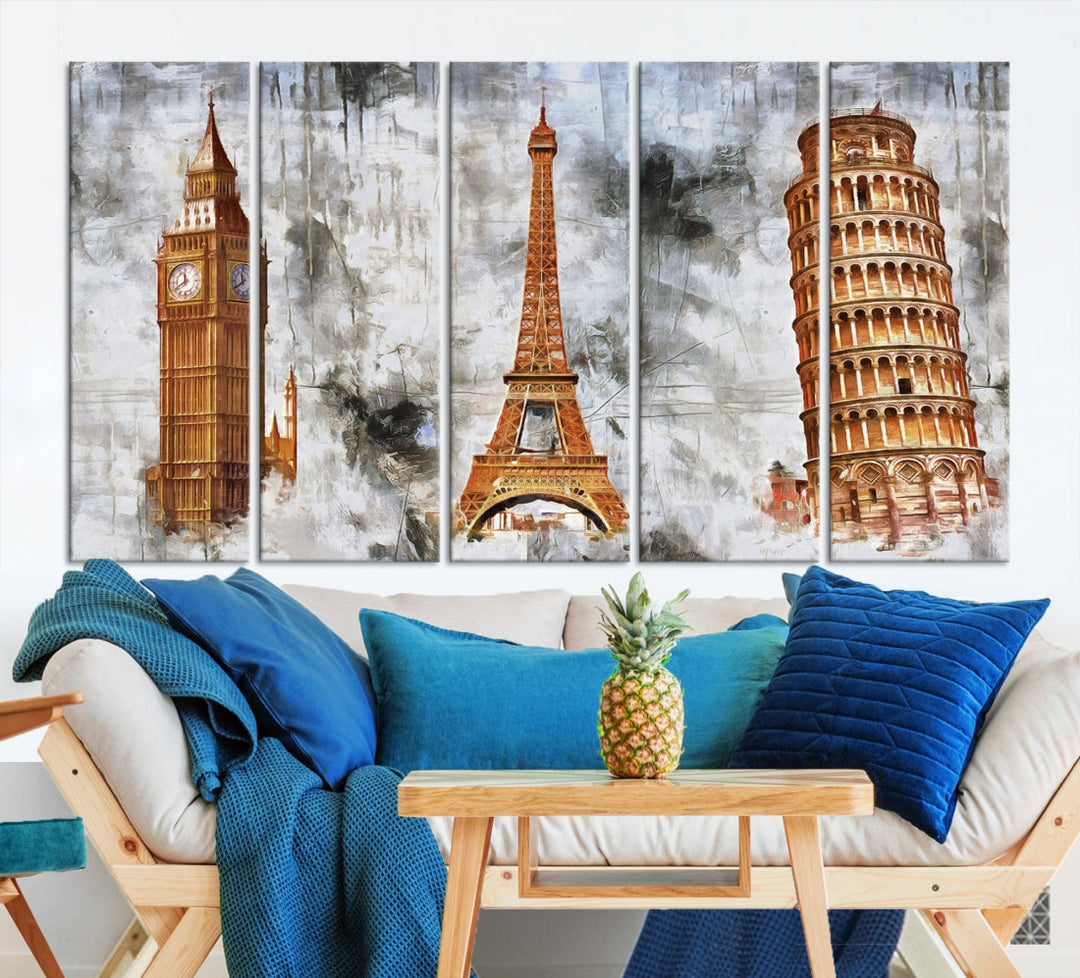 Framed Set of Big Ben Eiffel Tower and Tower of Pisa Canvas Wall Art Giclee Print