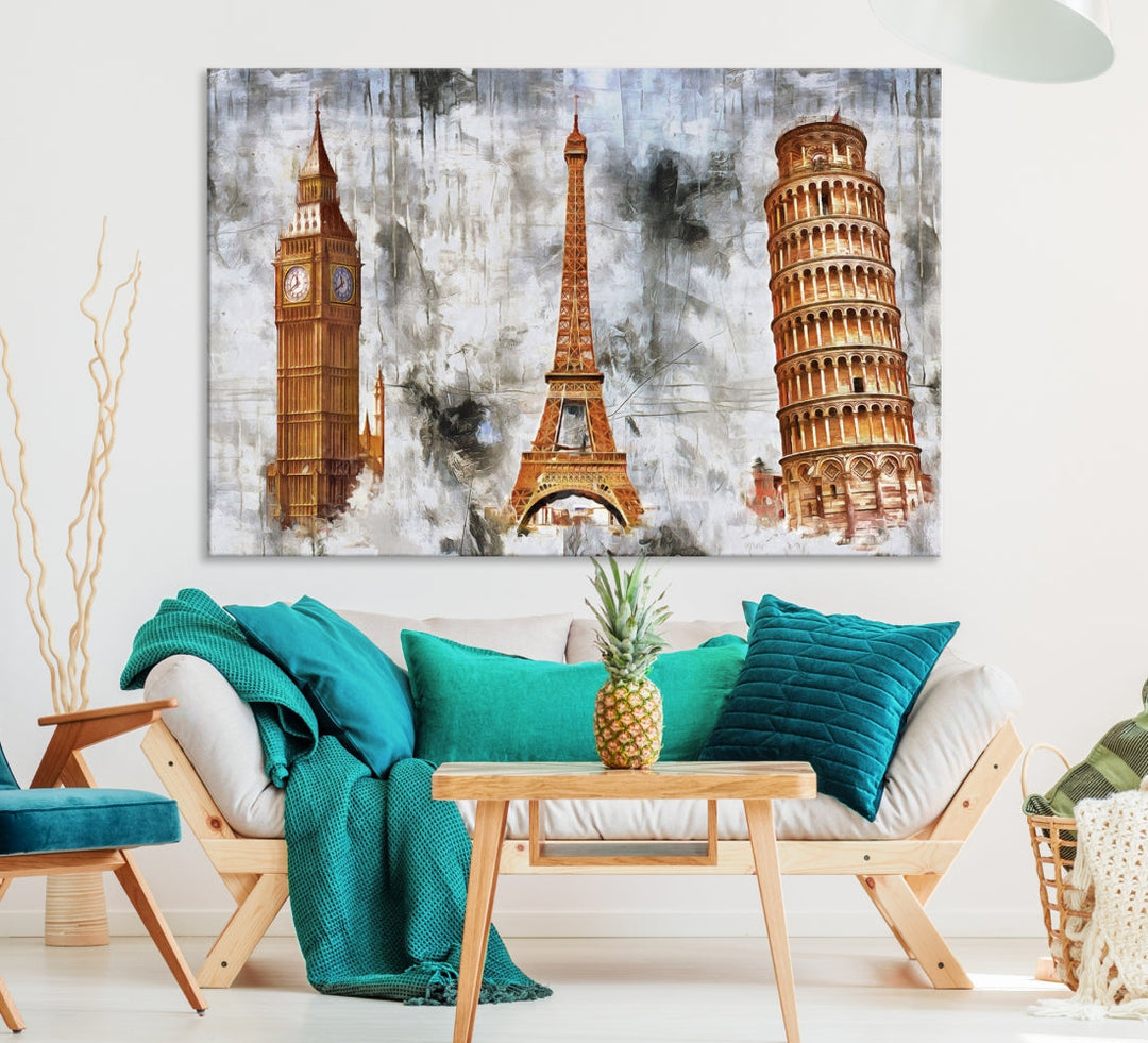 Framed Set of Big Ben Eiffel Tower and Tower of Pisa Canvas Wall Art Giclee Print