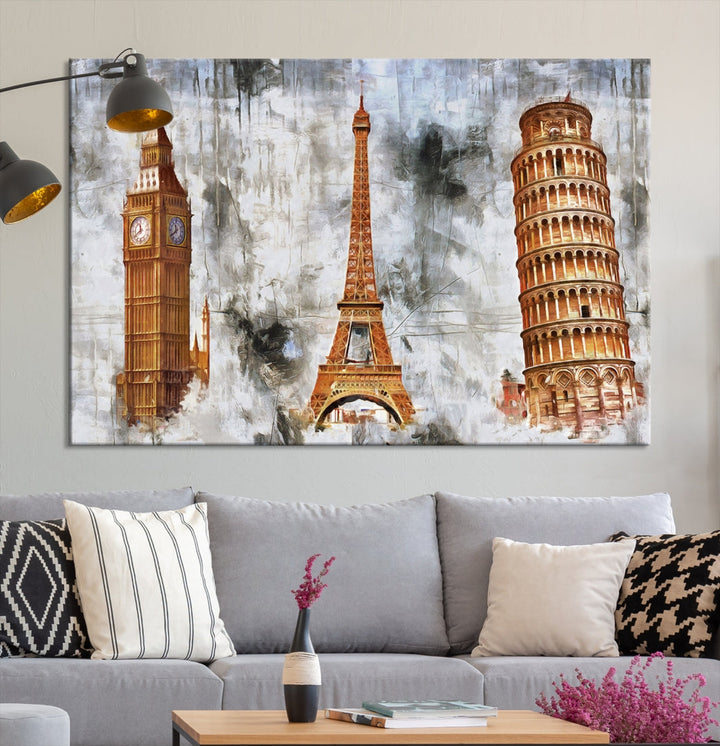 Framed Set of Big Ben Eiffel Tower and Tower of Pisa Canvas Wall Art Giclee Print