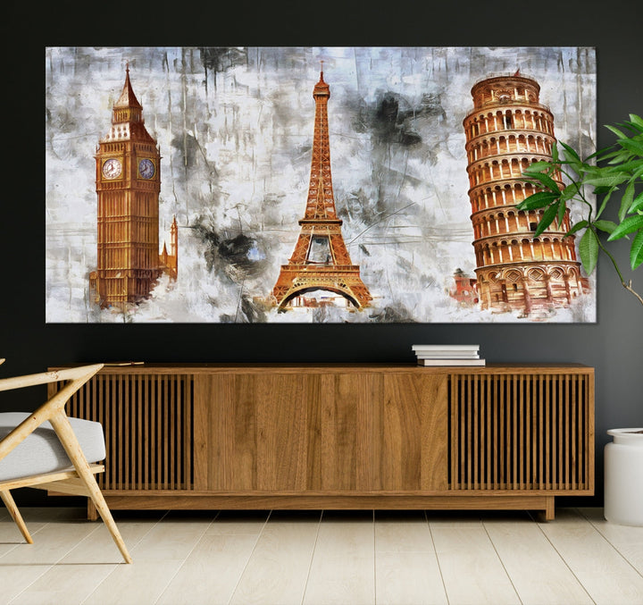 Framed Set of Big Ben Eiffel Tower and Tower of Pisa Canvas Wall Art Giclee Print