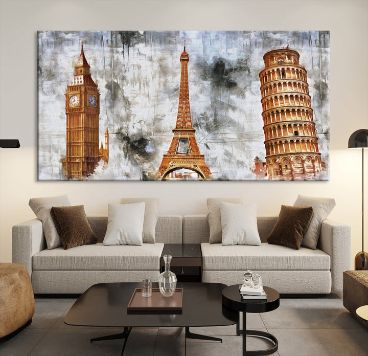 Framed Set of Big Ben Eiffel Tower and Tower of Pisa Canvas Wall Art Giclee Print