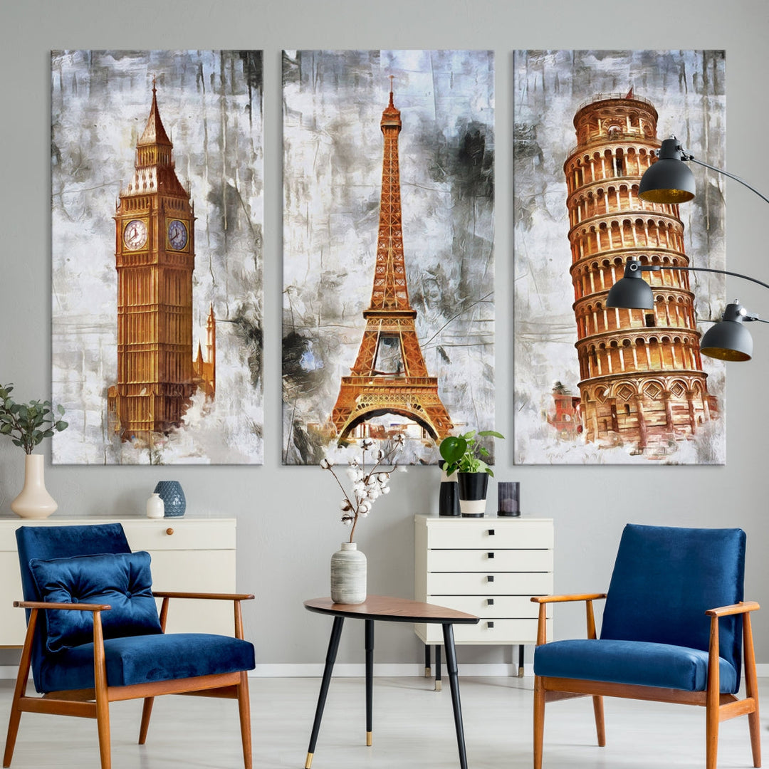 Framed Set of Big Ben Eiffel Tower and Tower of Pisa Canvas Wall Art Giclee Print