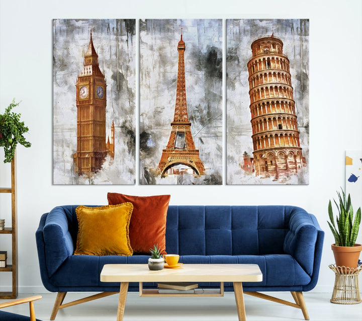 Framed Set of Big Ben Eiffel Tower and Tower of Pisa Canvas Wall Art Giclee Print