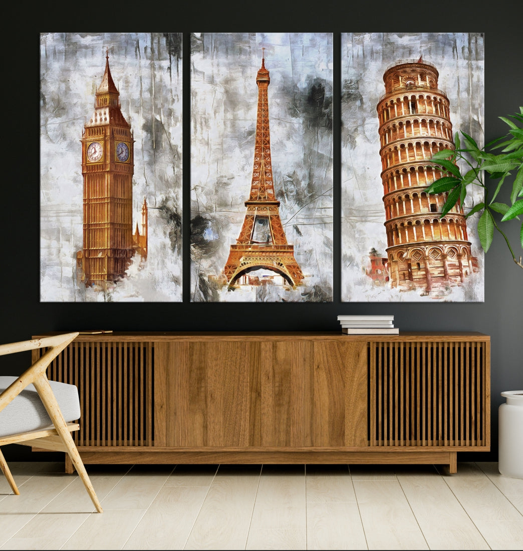 Framed Set of Big Ben Eiffel Tower and Tower of Pisa Canvas Wall Art Giclee Print