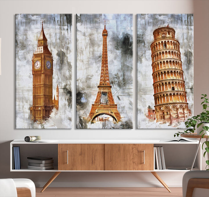 Framed Set of Big Ben Eiffel Tower and Tower of Pisa Canvas Wall Art Giclee Print