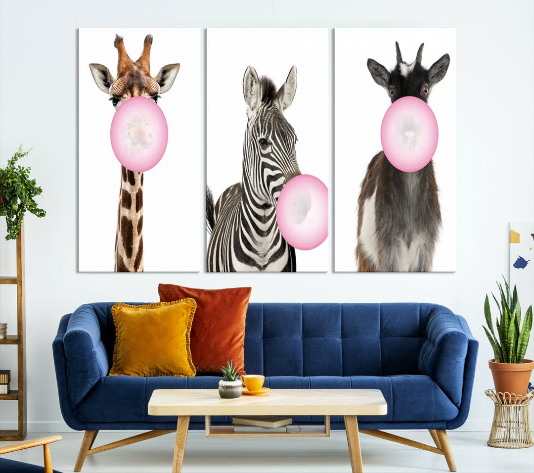 Funny Animals Large Canvas Wall Art Goat Zebra Giraffe Canvas Print Cute Animals with Balloons for Kids Room Decoration