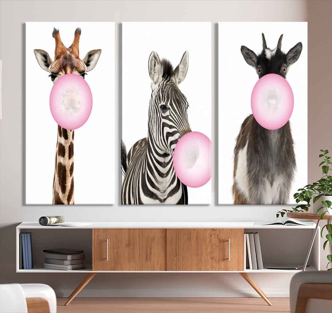 Funny Animals Large Canvas Wall Art Goat Zebra Giraffe Canvas Print Cute Animals with Balloons for Kids Room Decoration