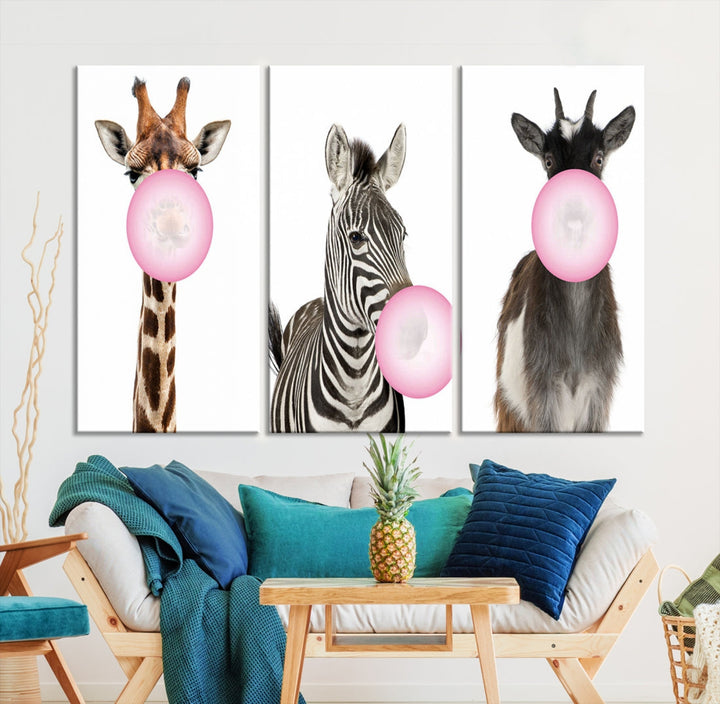 Funny Animals Large Canvas Wall Art Goat Zebra Giraffe Canvas Print Cute Animals with Balloons for Kids Room Decoration