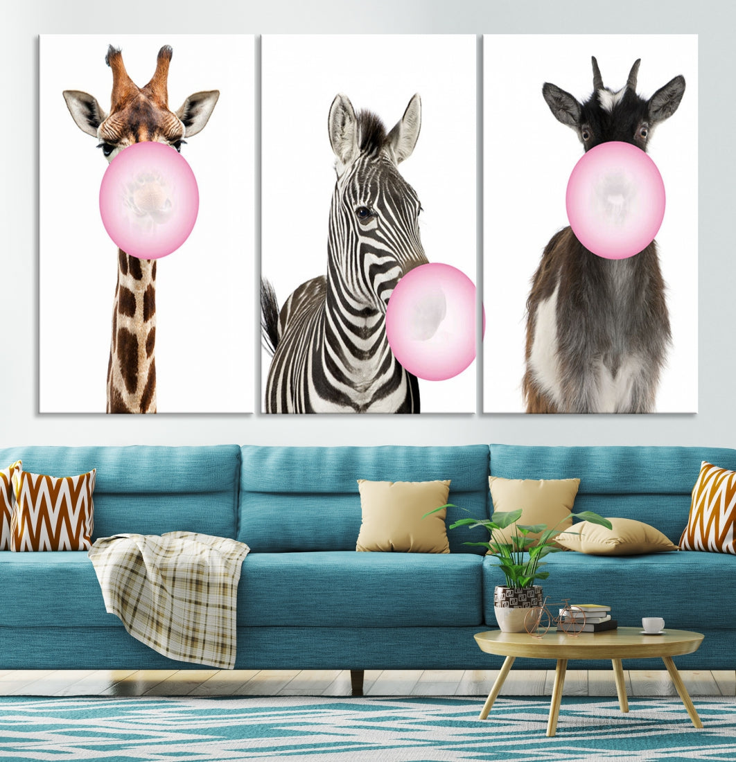 Funny Animals Large Canvas Wall Art Goat Zebra Giraffe Canvas Print Cute Animals with Balloons for Kids Room Decoration