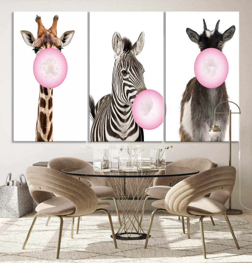 Funny Animals Large Canvas Wall Art Goat Zebra Giraffe Canvas Print Cute Animals with Balloons for Kids Room Decoration