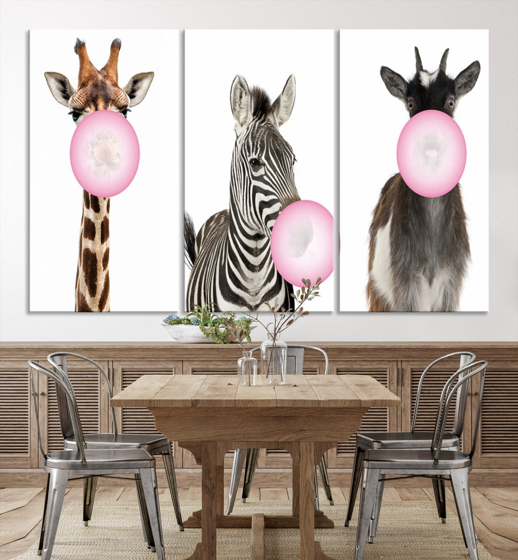 Funny Animals Large Canvas Wall Art Goat Zebra Giraffe Canvas Print Cute Animals with Balloons for Kids Room Decoration