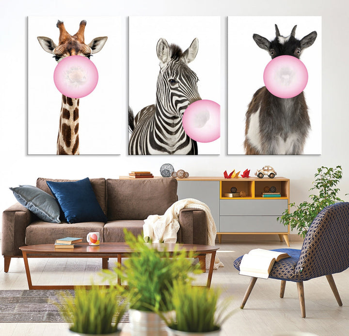 Funny Animals Large Canvas Wall Art Goat Zebra Giraffe Canvas Print Cute Animals with Balloons for Kids Room Decoration