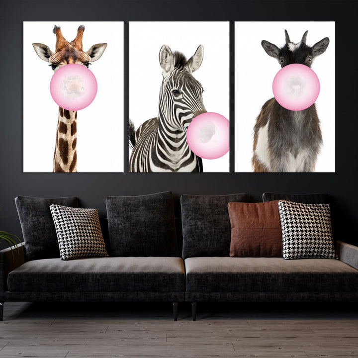 Funny Animals Large Canvas Wall Art Goat Zebra Giraffe Canvas Print Cute Animals with Balloons for Kids Room Decoration