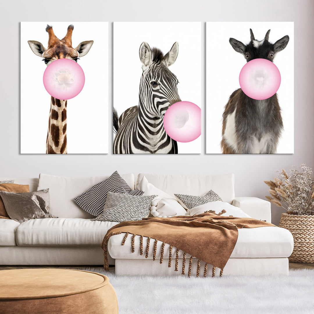 Funny Animals Large Canvas Wall Art Goat Zebra Giraffe Canvas Print Cute Animals with Balloons for Kids Room Decoration