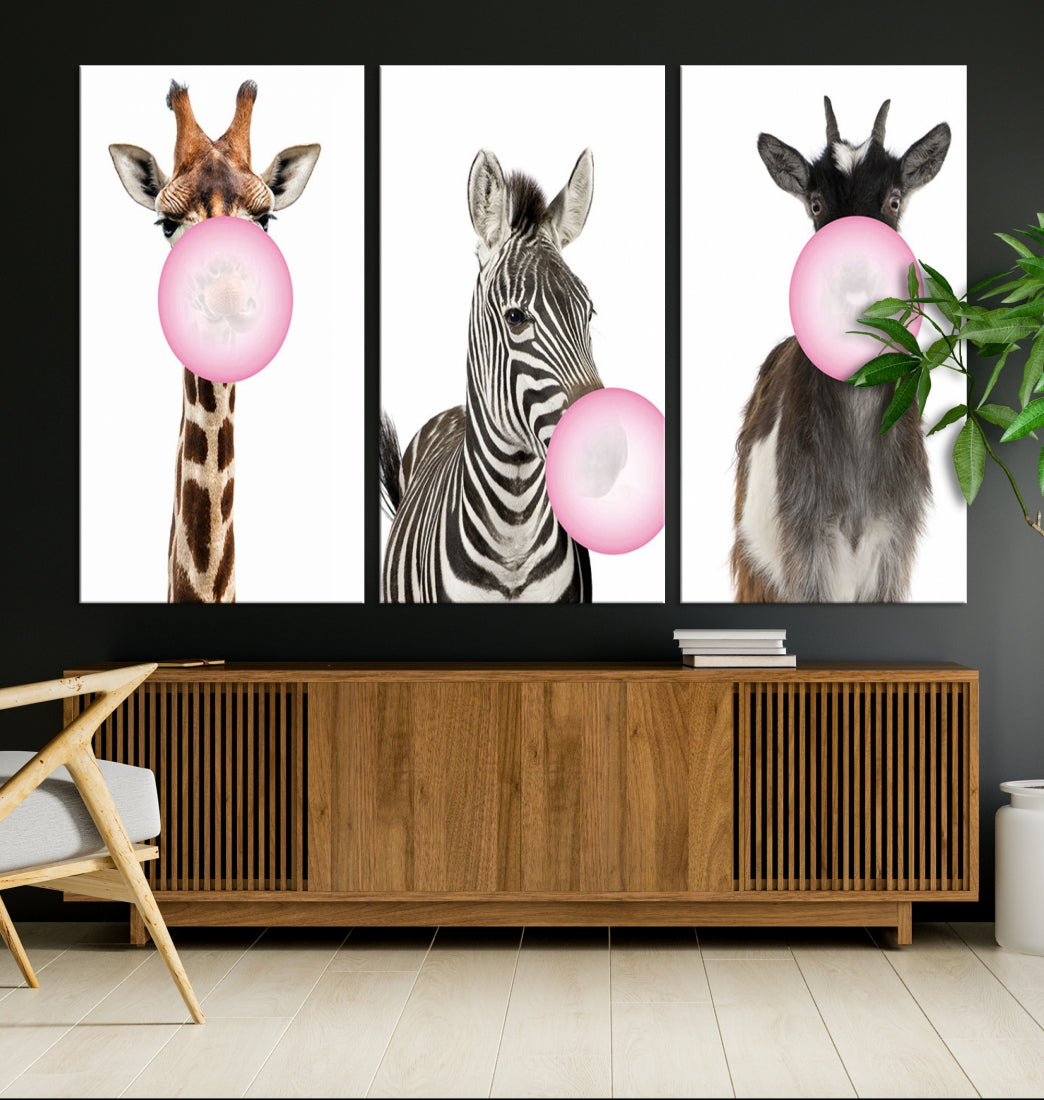 Funny Animals Large Canvas Wall Art Goat Zebra Giraffe Canvas Print Cute Animals with Balloons for Kids Room Decoration