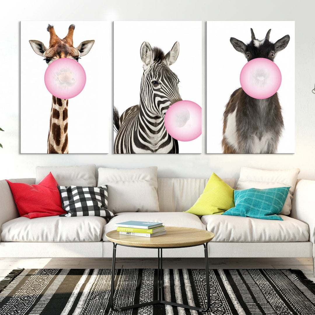 Funny Animals Large Canvas Wall Art Goat Zebra Giraffe Canvas Print Cute Animals with Balloons for Kids Room Decoration