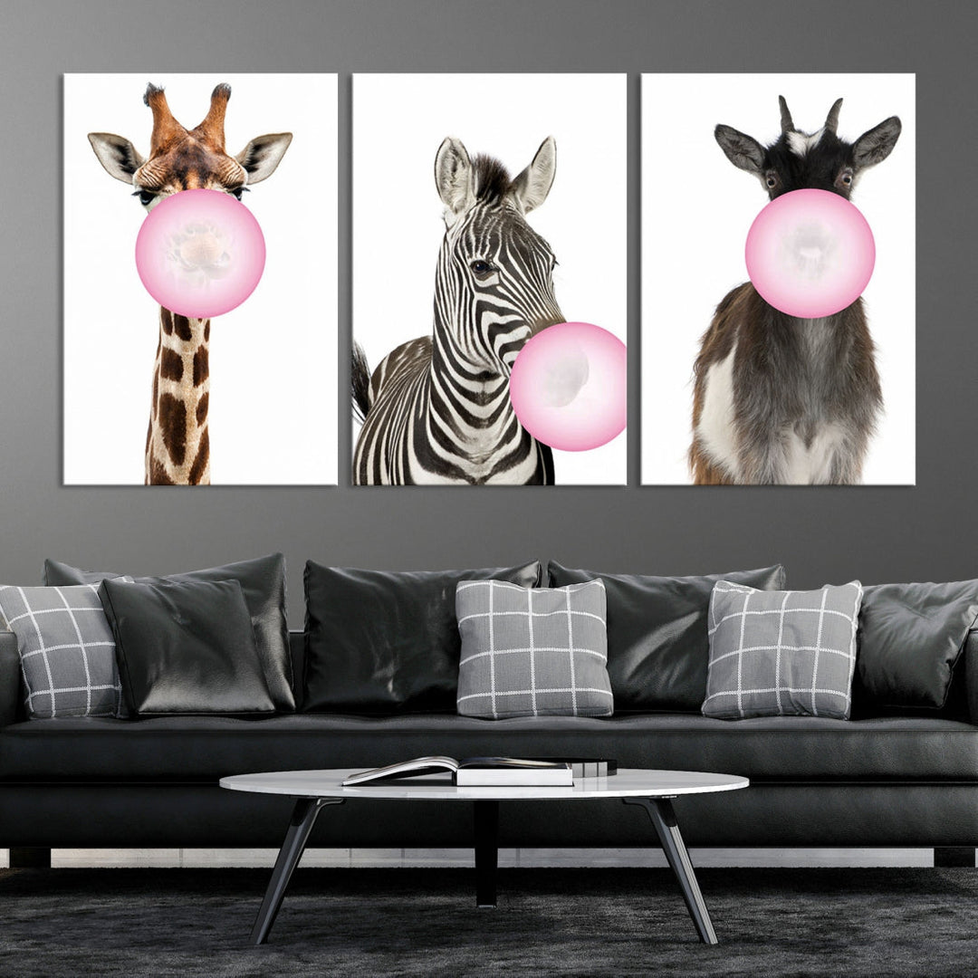 Funny Animals Large Canvas Wall Art Goat Zebra Giraffe Canvas Print Cute Animals with Balloons for Kids Room Decoration