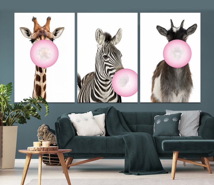 Funny Animals Large Canvas Wall Art Goat Zebra Giraffe Canvas Print Cute Animals with Balloons for Kids Room Decoration