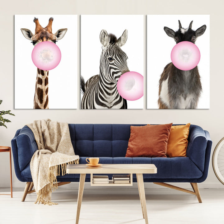 Funny Animals Large Canvas Wall Art Goat Zebra Giraffe Canvas Print Cute Animals with Balloons for Kids Room Decoration