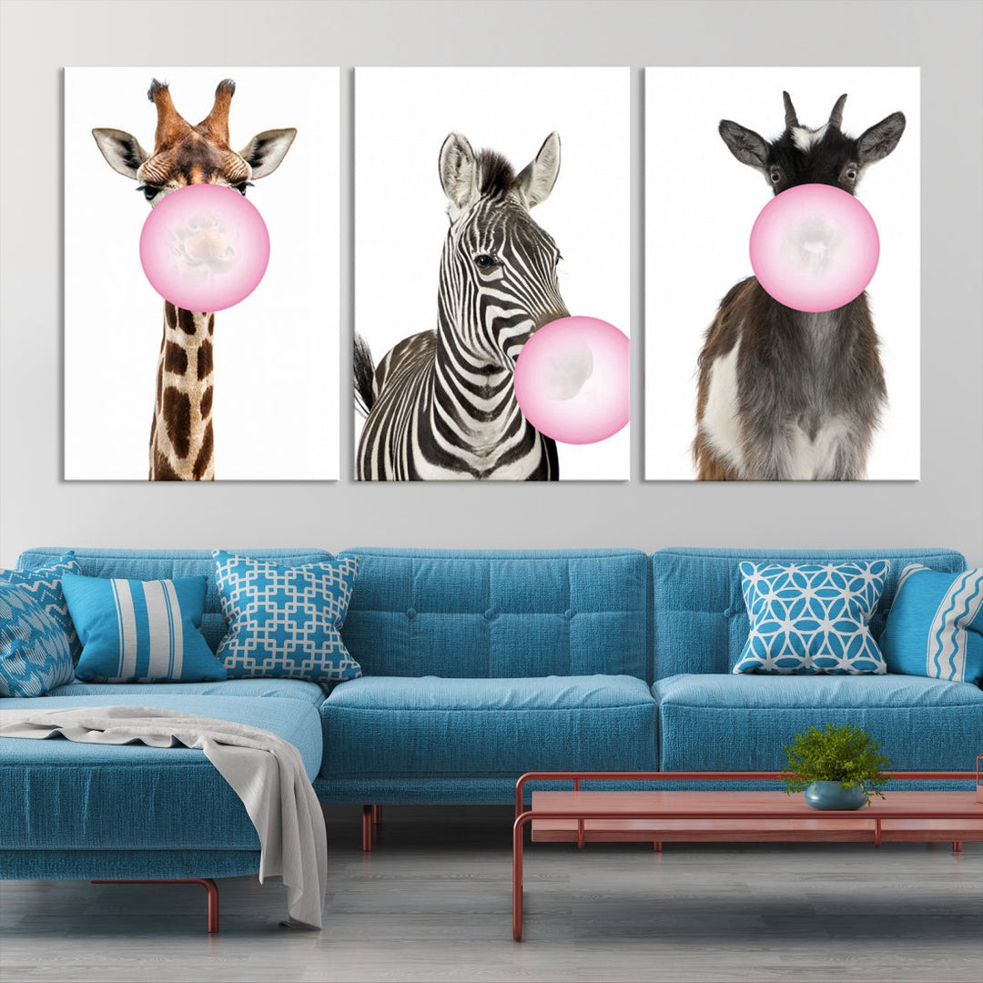 Funny Animals Large Canvas Wall Art Goat Zebra Giraffe Canvas Print Cute Animals with Balloons for Kids Room Decoration