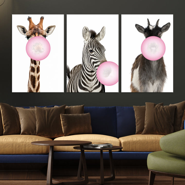 Funny Animals Large Canvas Wall Art Goat Zebra Giraffe Canvas Print Cute Animals with Balloons for Kids Room Decoration