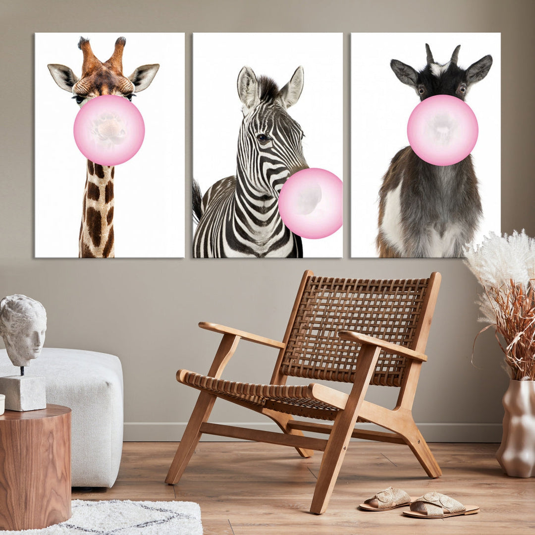 Funny Animals Large Canvas Wall Art Goat Zebra Giraffe Canvas Print Cute Animals with Balloons for Kids Room Decoration