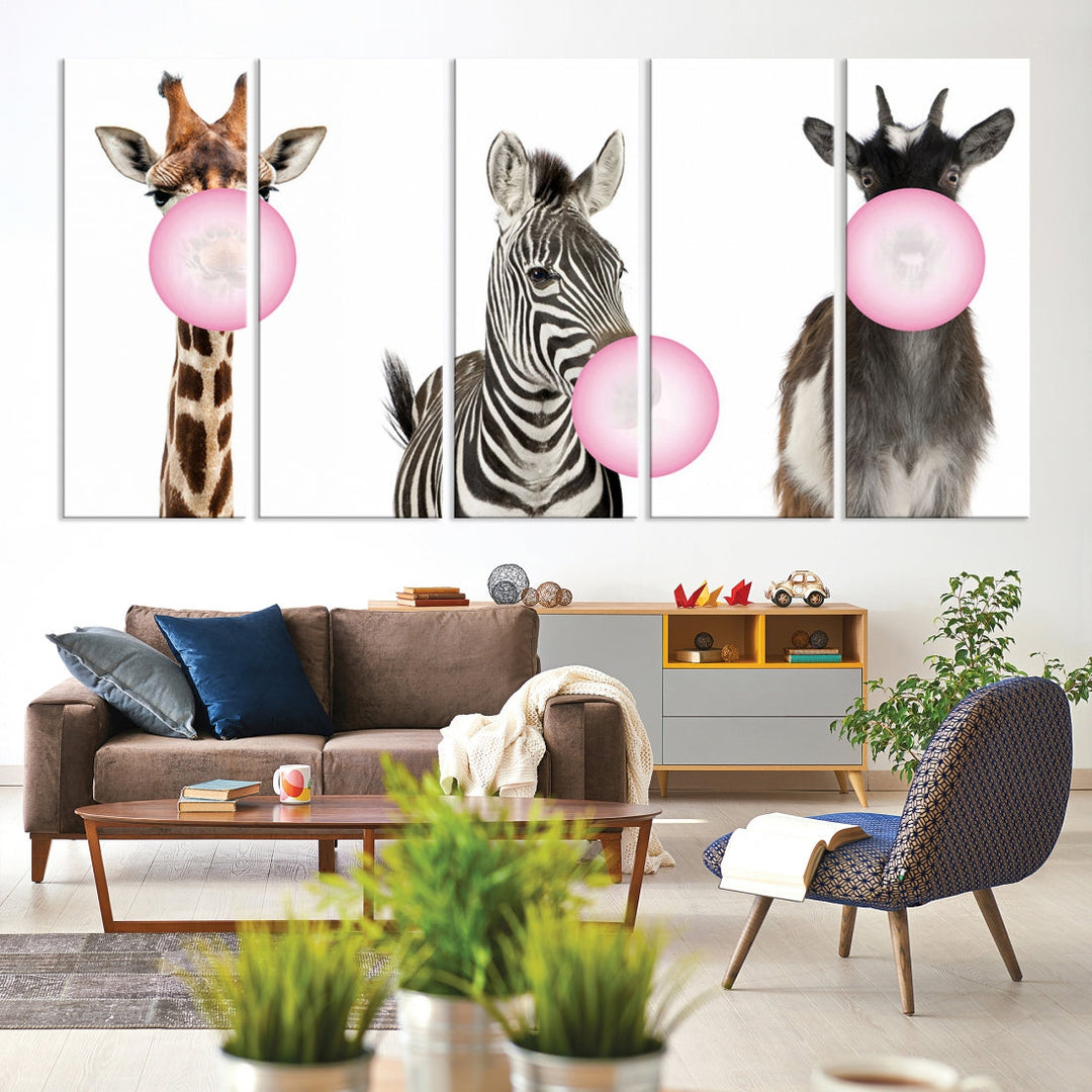 Funny Animals Large Canvas Wall Art Goat Zebra Giraffe Canvas Print Cute Animals with Balloons for Kids Room Decoration