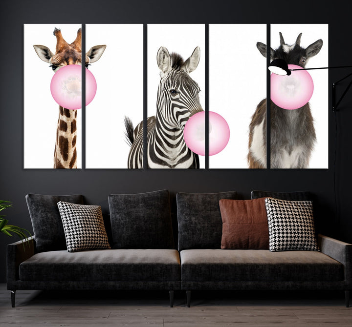 Funny Animals Large Canvas Wall Art Goat Zebra Giraffe Canvas Print Cute Animals with Balloons for Kids Room Decoration