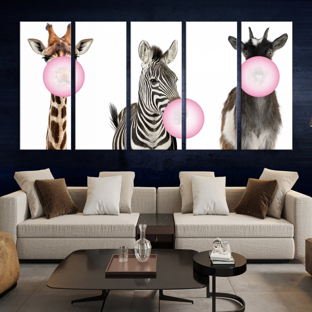 Funny Animals Large Canvas Wall Art Goat Zebra Giraffe Canvas Print Cute Animals with Balloons for Kids Room Decoration