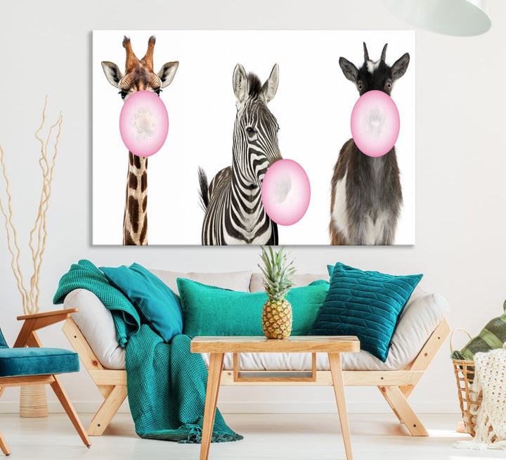 Funny Animals Large Canvas Wall Art Goat Zebra Giraffe Canvas Print Cute Animals with Balloons for Kids Room Decoration