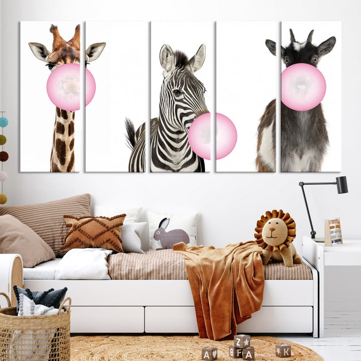 Funny Animals Large Canvas Wall Art Goat Zebra Giraffe Canvas Print Cute Animals with Balloons for Kids Room Decoration