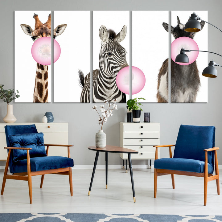 Funny Animals Large Canvas Wall Art Goat Zebra Giraffe Canvas Print Cute Animals with Balloons for Kids Room Decoration