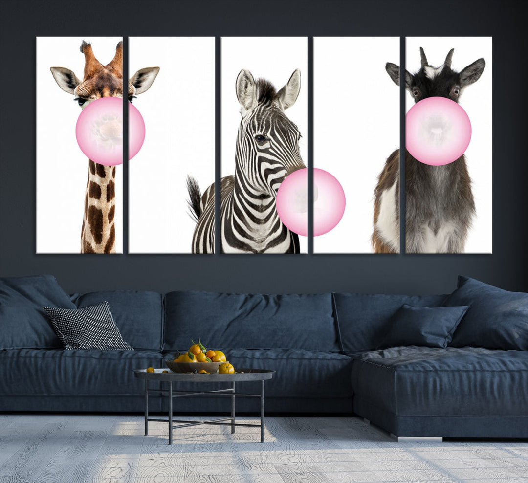 Funny Animals Large Canvas Wall Art Goat Zebra Giraffe Canvas Print Cute Animals with Balloons for Kids Room Decoration