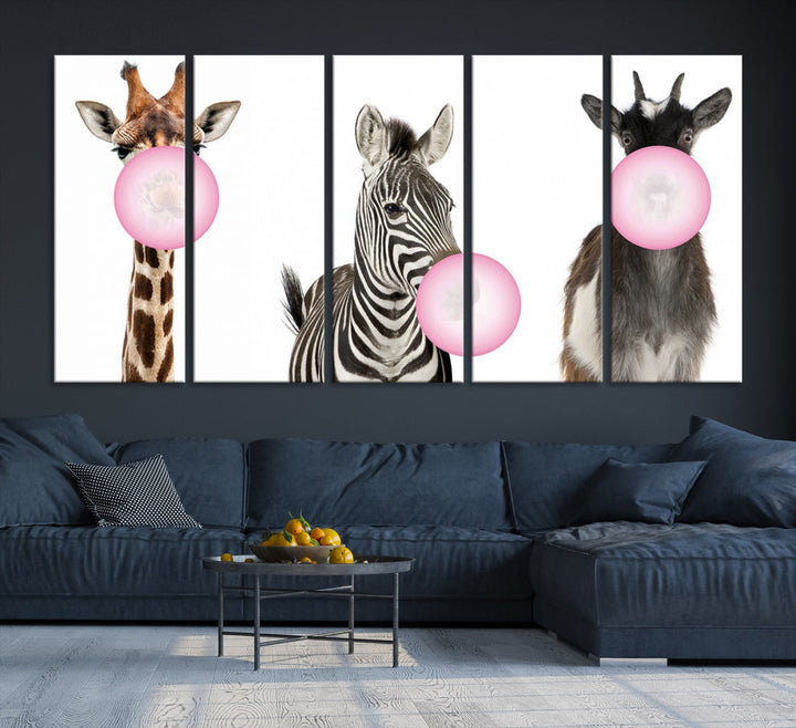 Funny Animals Large Canvas Wall Art Goat Zebra Giraffe Canvas Print Cute Animals with Balloons for Kids Room Decoration