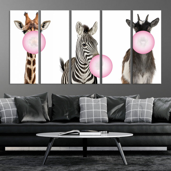 Funny Animals Large Canvas Wall Art Goat Zebra Giraffe Canvas Print Cute Animals with Balloons for Kids Room Decoration