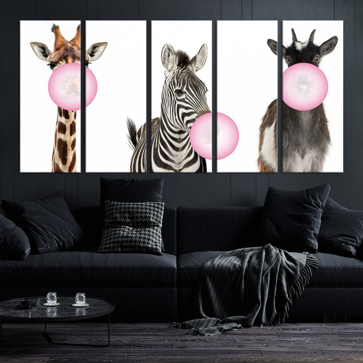 Funny Animals Large Canvas Wall Art Goat Zebra Giraffe Canvas Print Cute Animals with Balloons for Kids Room Decoration