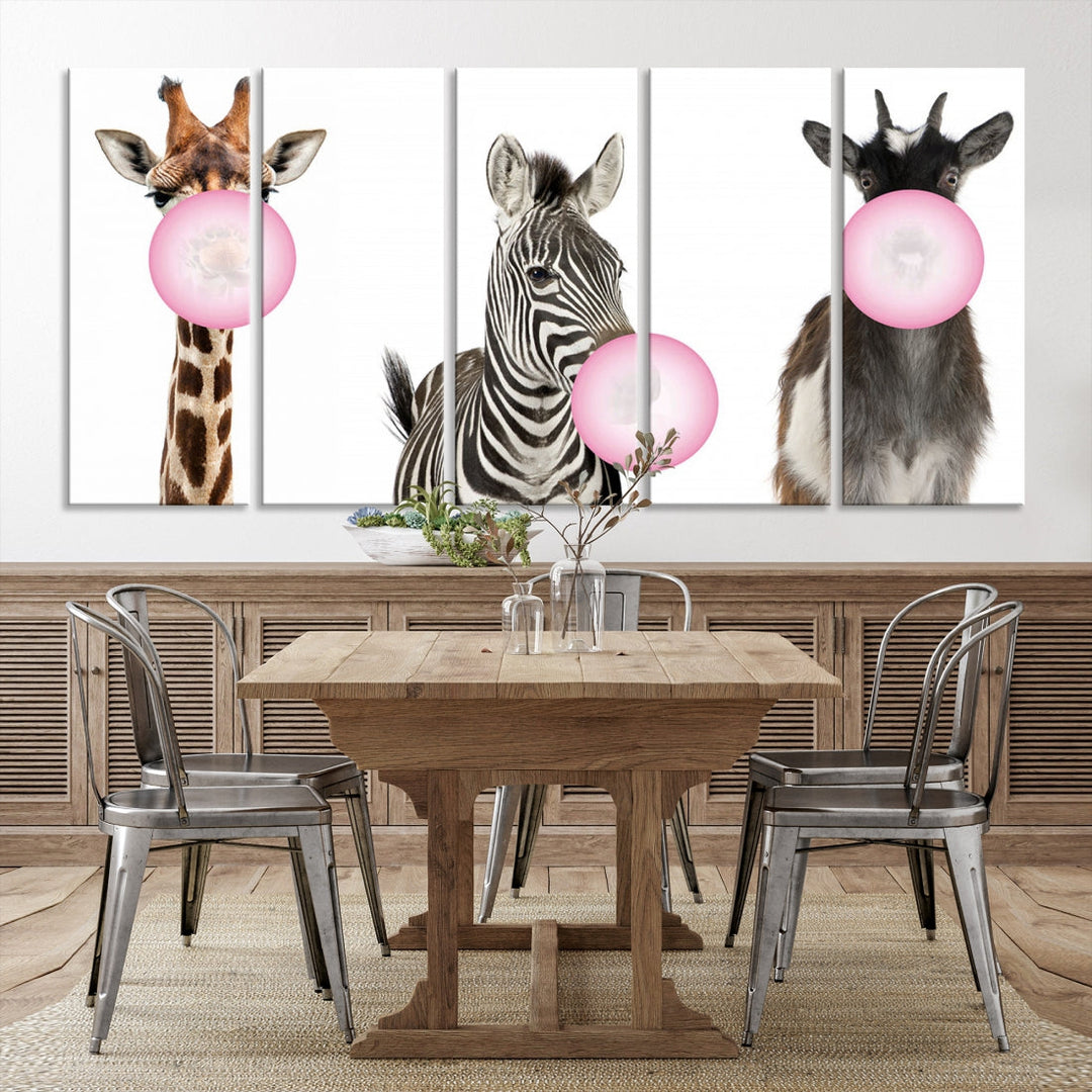 Funny Animals Large Canvas Wall Art Goat Zebra Giraffe Canvas Print Cute Animals with Balloons for Kids Room Decoration