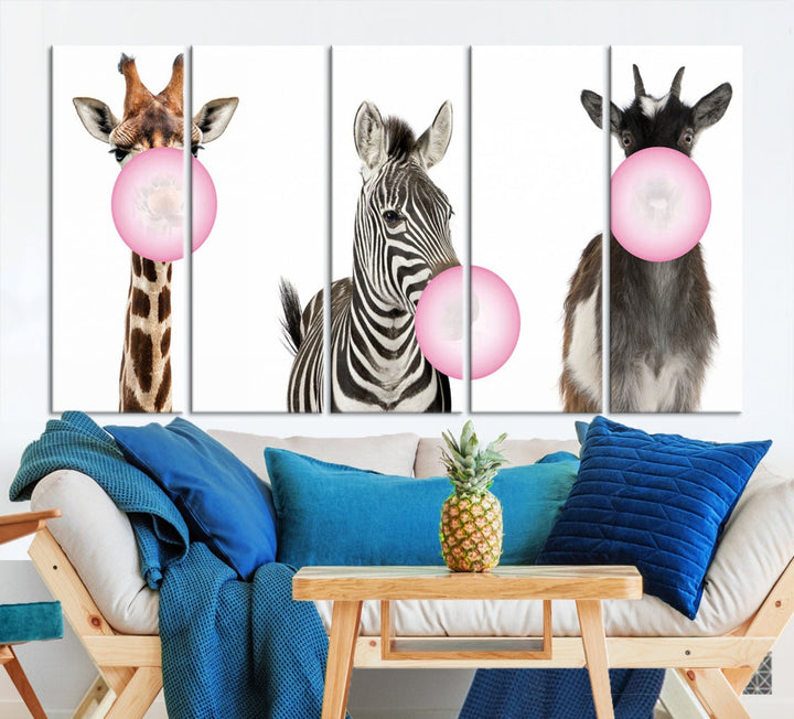 Funny Animals Large Canvas Wall Art Goat Zebra Giraffe Canvas Print Cute Animals with Balloons for Kids Room Decoration