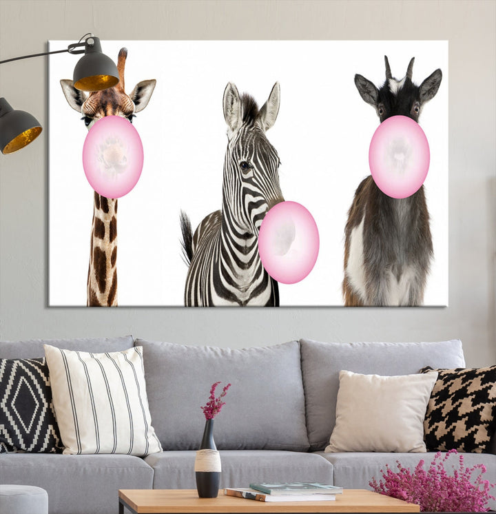 Funny Animals Large Canvas Wall Art Goat Zebra Giraffe Canvas Print Cute Animals with Balloons for Kids Room Decoration