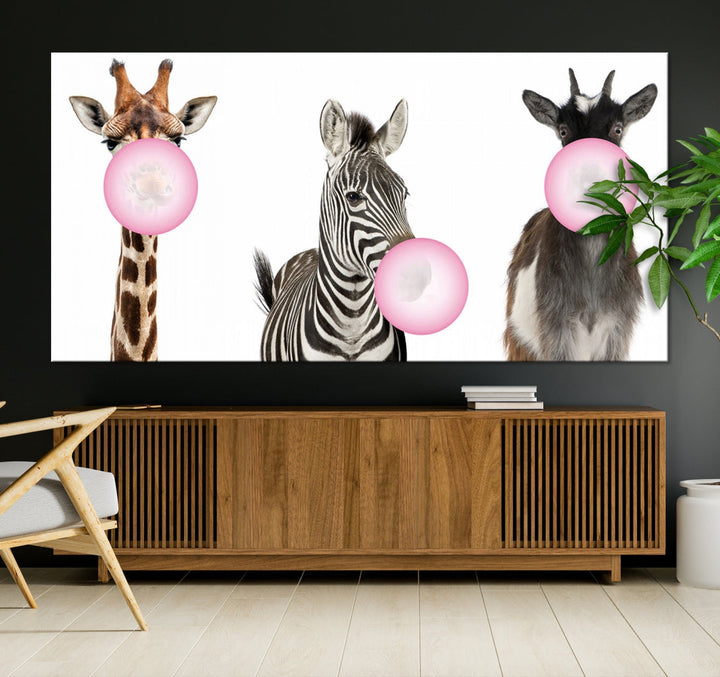 Funny Animals Large Canvas Wall Art Goat Zebra Giraffe Canvas Print Cute Animals with Balloons for Kids Room Decoration