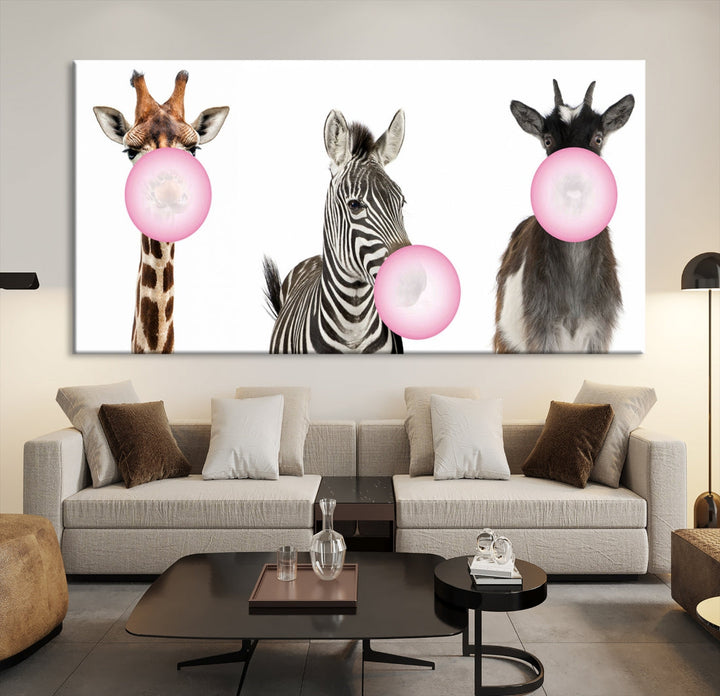 Funny Animals Large Canvas Wall Art Goat Zebra Giraffe Canvas Print Cute Animals with Balloons for Kids Room Decoration