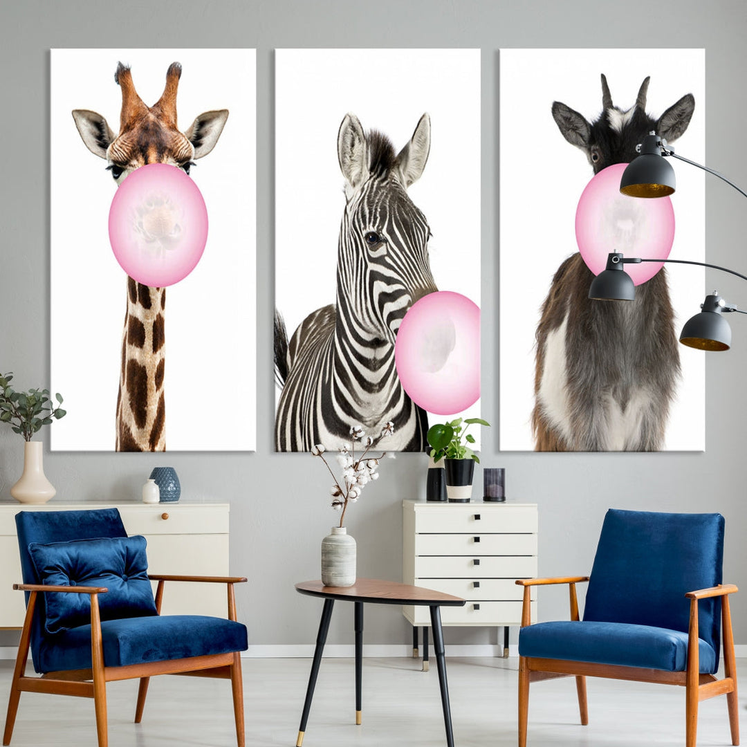 Funny Animals Large Canvas Wall Art Goat Zebra Giraffe Canvas Print Cute Animals with Balloons for Kids Room Decoration