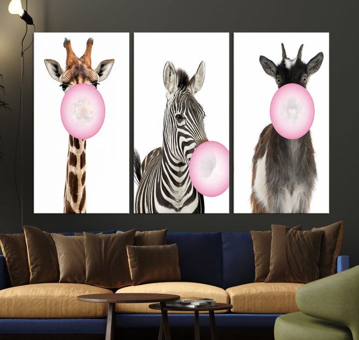 Funny Animals Large Canvas Wall Art Goat Zebra Giraffe Canvas Print Cute Animals with Balloons for Kids Room Decoration