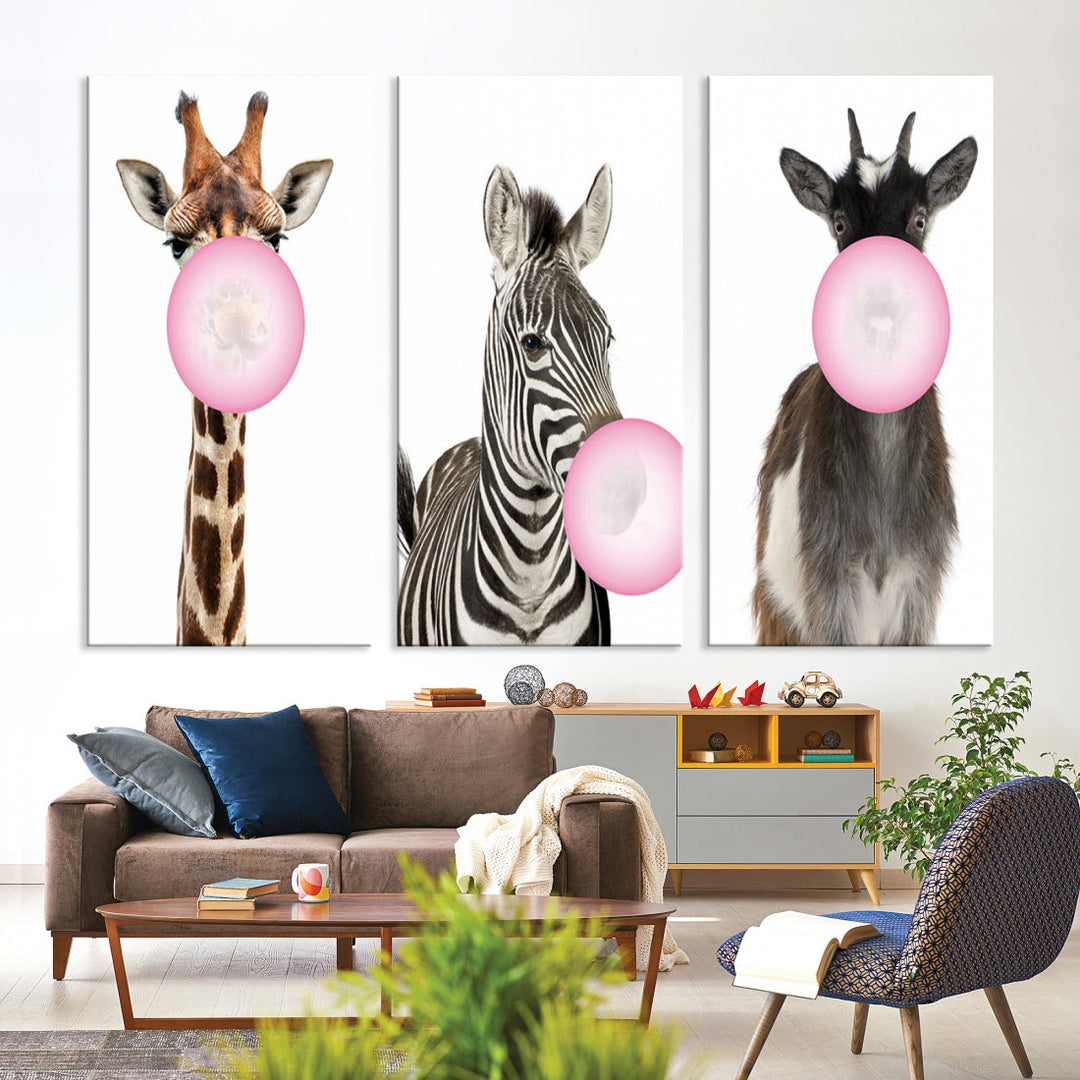 Funny Animals Large Canvas Wall Art Goat Zebra Giraffe Canvas Print Cute Animals with Balloons for Kids Room Decoration