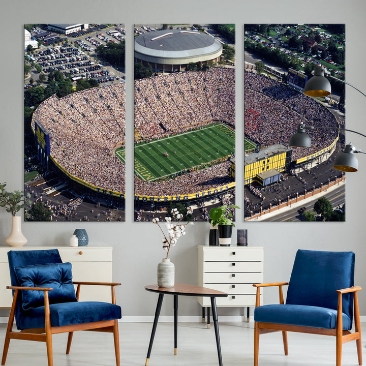 Game Day at Michigan Wolverine Football Stadium Wall Art Canvas Print Ready to Hang Framed American Football Stadium Wall Art, NFL Wall Art