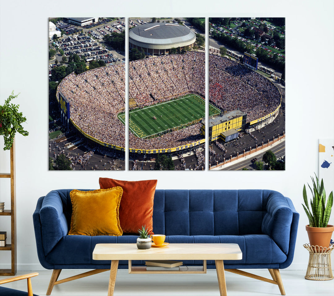 Game Day at Michigan Wolverine Football Stadium Wall Art Canvas Print Ready to Hang Framed American Football Stadium Wall Art, NFL Wall Art