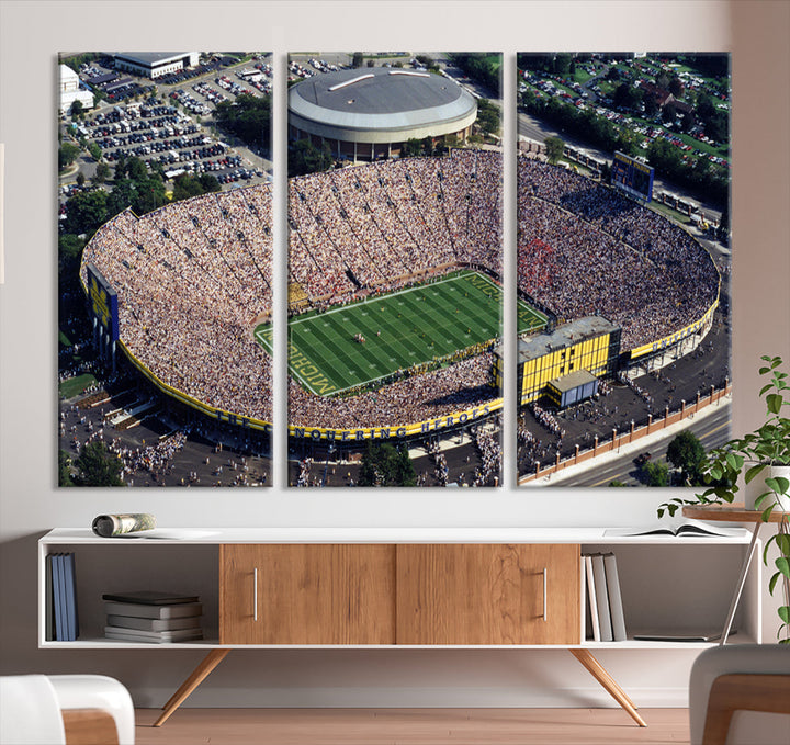 Game Day at Michigan Wolverine Football Stadium Wall Art Canvas Print Ready to Hang Framed American Football Stadium Wall Art, NFL Wall Art